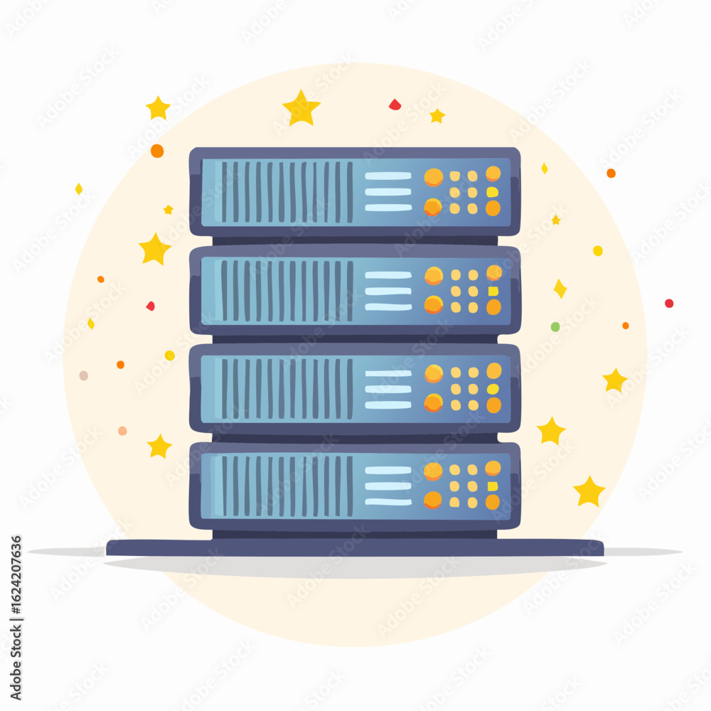 Poster a cartoon illustration of a server rack with multiple stacked computer units.