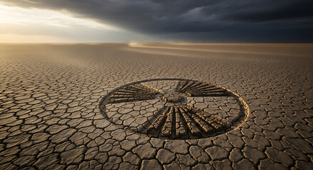 Nuclear Warning Symbol on Cracked Earth Under a Stormy Sky: A Post-Apocalyptic Vision of Environmental Destruction