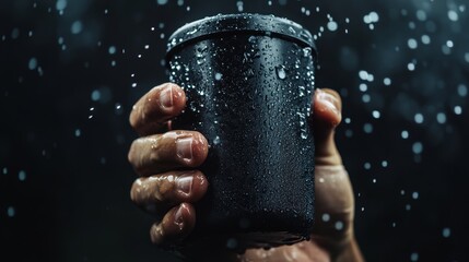 Hand Holding Wet Black Shaker Bottle with Water Droplets Against Dark Background