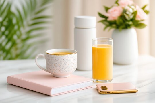 A cozy, modern setting with a cup of tea, a glass of orange juice, a pink notebook, a smartphone, and a vase with flowers on a marble surface. - Powered by Adobe