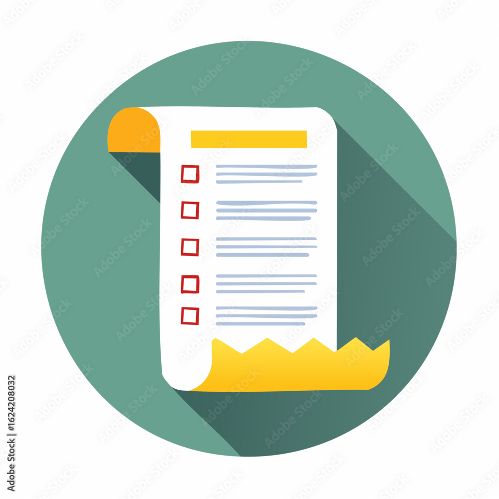 Aufkleber checklist icon, a rolled-up paper document with checkboxes and lines, displayed in a circular graphi