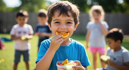 Smiling Young Boy Eating Orange Slice with Friends on Green Lawn