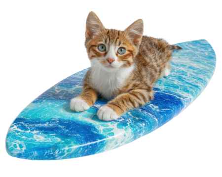 Cute tabby kitten with blue eyes lying on colorful surfboard, isolated on transparency background, playful and joyful expression, perfect for pet and summer themes