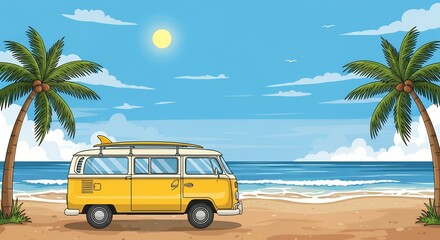 夏のビーチとサーフバン バカンスと旅行のイラスト