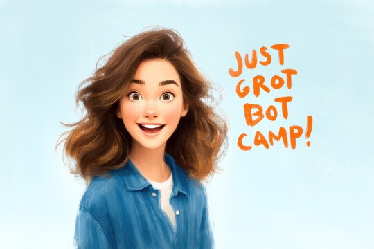 A cheerful young woman with wavy brown hair smiles widely beside the handwritten text "JUST GROT BOT CAMP!" on a light blue background.