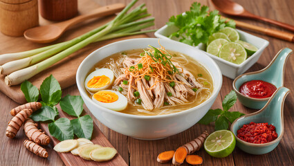 Authentic Indonesian soto dish surrounded by spices and herbs: lemongrass, turmeric, galangal, lime leaves, concept of traditional cooking