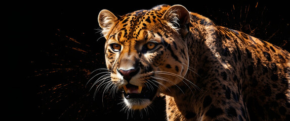 Félin sauvage au pelage fauve tacheté, yeux orange flamboyants, en position d’attaque, isolé sur fond noir et éclats orange – style photo réaliste d’animal féroce.