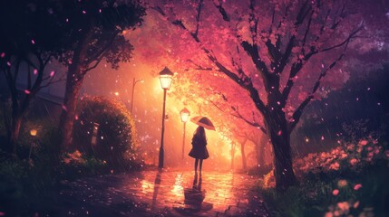 Fototapeta premium Woman walking under cherry blossoms in a night rain