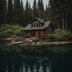 Obraz premium A peaceful lakeside cabin surrounded by trees