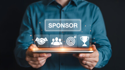 Man holding tablet showcasing digital sponsor icons for partnership success and rewards