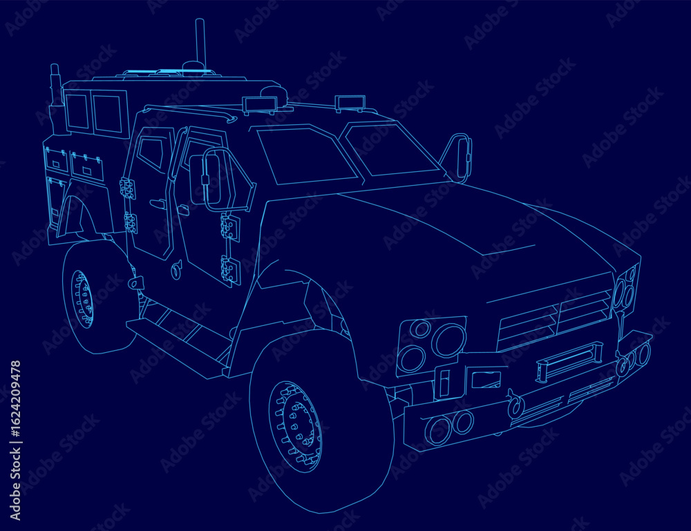 Poster an armored police vehicle blueprint features precise contour lines and technical details on a solid 