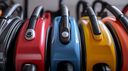 Fototapeta premium Vacuum cleaners of different types and colors arranged in a row