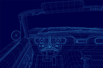 Blueprint of a convertible car featuring a detailed wireframe view of the interior, including the steering wheel and dashboard. The technical drawing highlights the sleek design and structural.