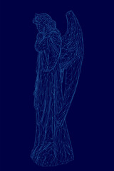 A low polygonal wireframe angel statue features intricate geometric lines and shapes against a smooth blue background. The abstract design blends modern digital art with classical angelic symbolism.