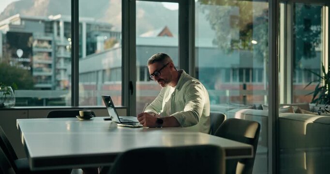 Laptop, writing and research with business man in office for article editor, planning and publication. Email newsletter, proofreading draft and journalist story with person and tablet with stylus