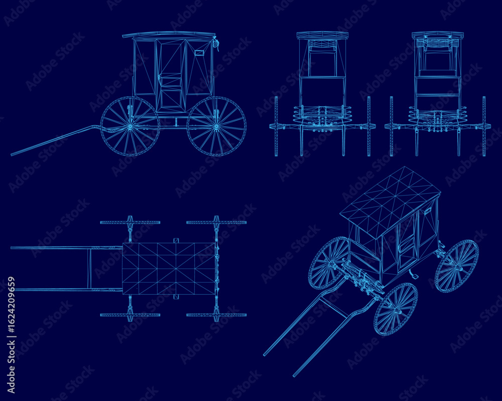 Poster a detailed blueprint of a horse-drawn carriage features intricate wireframe design on a striking blu