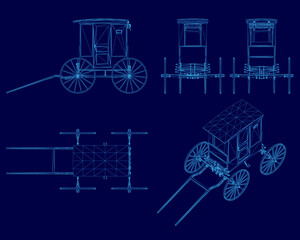 A detailed blueprint of a horse-drawn carriage features intricate wireframe design on a striking blue background. The retro cart showcases precise construction elements with clear visibility.