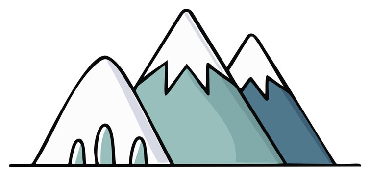 Stylized cartoon illustration of a snow capped mountain range in cool blue tones