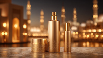 Luxurious Golden bottles and jars displayed on a table against a traditional Middle Eastern night background, evoking elegance, luxury, and cultural beauty.