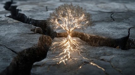Illuminated Tree in Cracked Earth