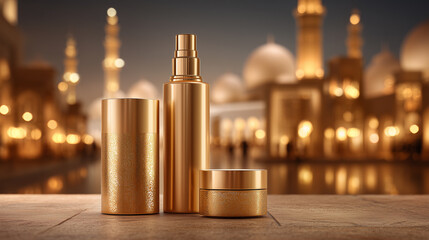 Luxurious Golden bottles and jars displayed on a table against a traditional Middle Eastern night background, evoking elegance, luxury, and cultural beauty.