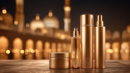 Luxurious Golden bottles and jars displayed on a table against a traditional Middle Eastern night background, evoking elegance, luxury, and cultural beauty.