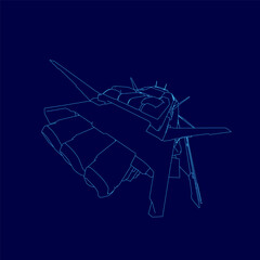 A sleek blue fighter jet contour glides dynamically against a dark blue backdrop, evoking futuristic aviation. The minimalist line art emphasizes speed and precision with clean, sharp edges.
