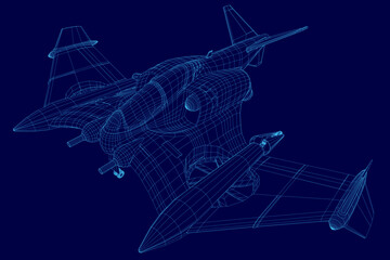 A 3D wireframe model of a combat fighter jet displays intricate blueprint details on a solid blue background. The design highlights aerodynamic contours, weapon placements, and structural framework.