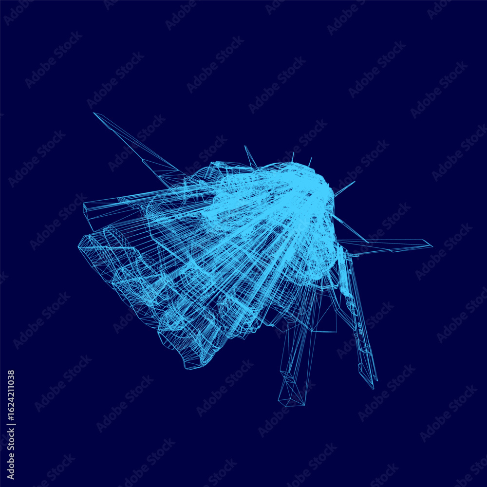 Poster a futuristic fighter spaceship wireframe model floats against a blue background, showcasing intricat