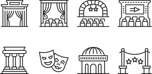 Theatre icons with stage, masks, curtains, and red carpet