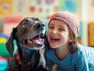 Happy Child and Dog Cuddling Indoor