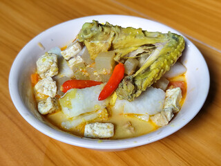 Traditional Indonesian vegetable lontong dish. Lontong opor ayam with sliced chayote, carrots, tofu and sliced red chilies, served in a white ceramic bowl on a wooden table.