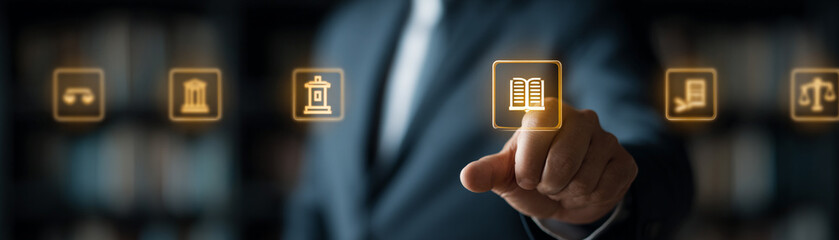 Person in suit interacts with virtual icons representing legal services, highlighting remote consultation options