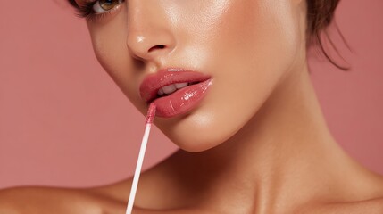 Clean Beauty Close-Ups showing fresh plump lips Close-up of a woman applying lip gloss, showcasing beauty and confidence. Clean Beauty Close-Ups showing fresh plump lips