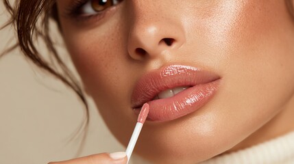 Clean Beauty Close-Ups showing fresh plump lips Close-up of a woman applying shiny lip gloss for a fresh, glowing makeup look. Clean Beauty Close-Ups showing fresh plump lips