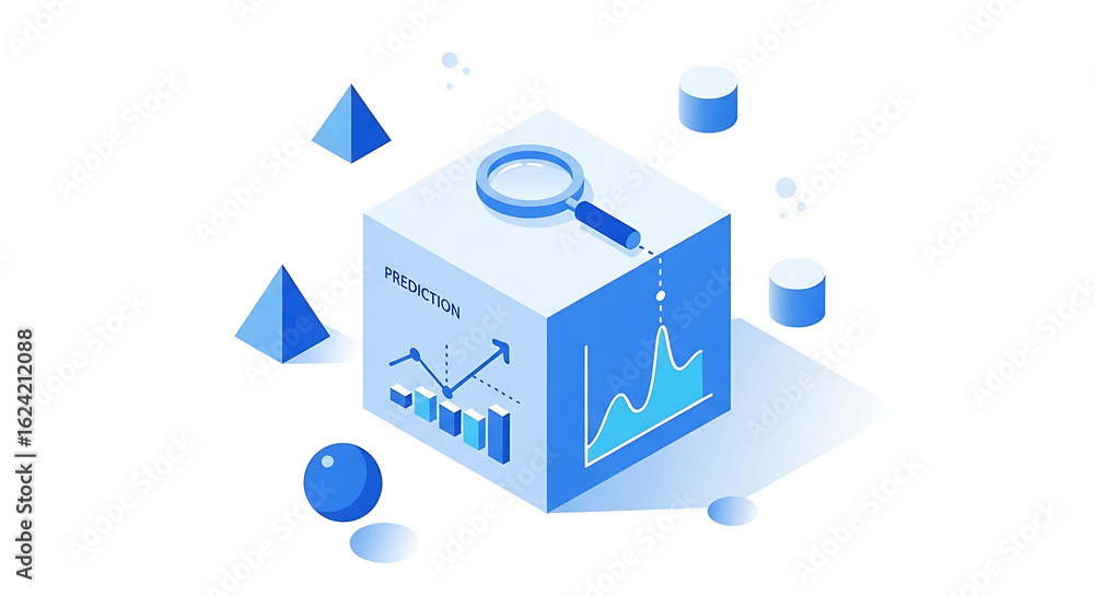 Poster isometric illustration of a prediction cube with graphs and a magnifying glass on a white background