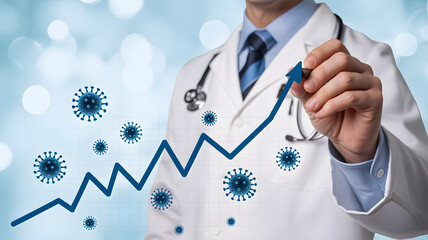 Doctor charts rising virus cases, illustrating global health trends and medical analysis