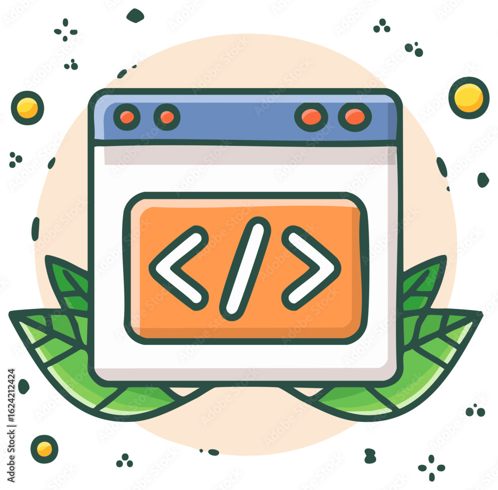 Aufkleber cartoon illustration of coding, web design, and programming on a browser
