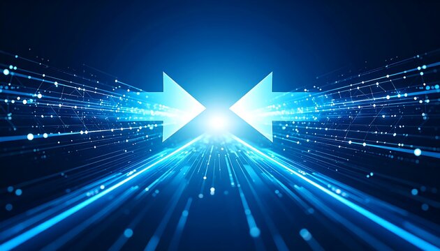 Two bright blue arrows converge at a vanishing point on a dark blue digital background of light streaks