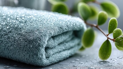 Fresh and Clean Towel with Dewy Leaves