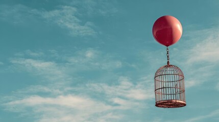 Floating Balloon with Birdcage in the Sky