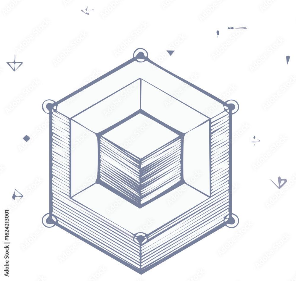 Poster abstract geometric cube structure with concentric layers and sketch-like details, isometric perspect