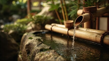 "Serene Japanese Bamboo Fountain in Garden Setting"