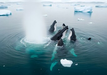 Slow motion of humpback whales feed together using an technique called "bubble net feeding" where the usually solitary preys come together as a group to trap, Antarctica. Aerial footage.
