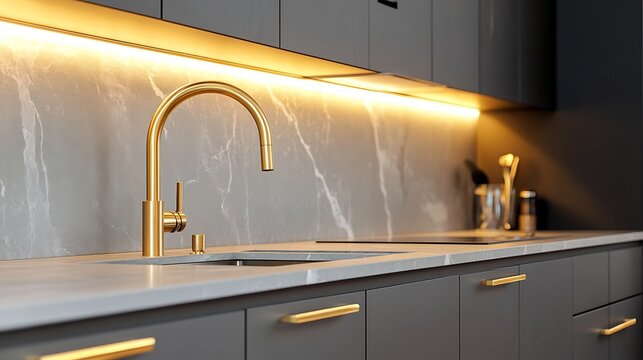 Modern kitchen with sink having golden tap and stylish faucets in a contemporary home setting