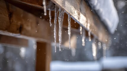 Icicles Hanging from Wooden Roof in Winter