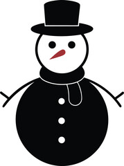 vector snowman wearing a hat and black scarf in a winter snow landscape. Cheerful Christmas character illustration with falling snow. Festive