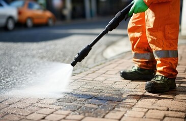 A worker in orange overalls uses a pressure washer to clean a brick pavement on a sunny day, enhancing the street's appearance.