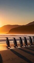 Obraz premium A group of of king penguins (Aptenodytes patagonicus) walking to the sea with sunset, South Georgia and the Sandwich Islands, Antarctica. 