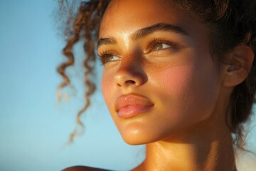 Close-up of a young woman in a  applying sunscreen to her skin, promoting sun safety and skincare while on vacation, Generative AI